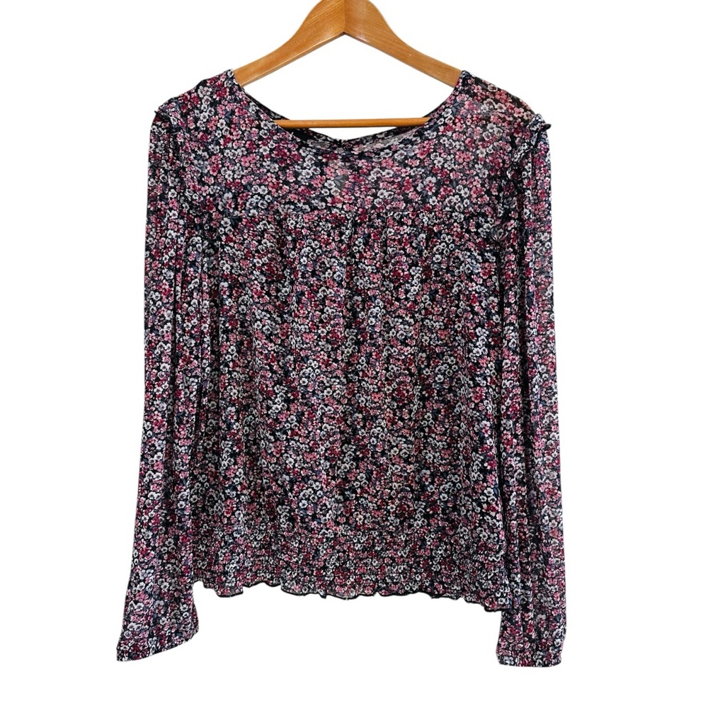 By & By Boho Y2K Purple Floral Blouse with Sheer Sleeves size XL